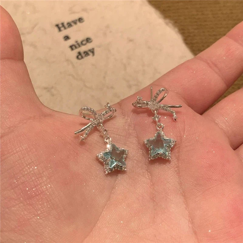 sengpan Sweet Fantasy Y2K Style Crystal Star Bowknot Pendant Earrings For Egirl Y2K EMO 2000s Harajuku Goth Vintage Jewelry Accessories