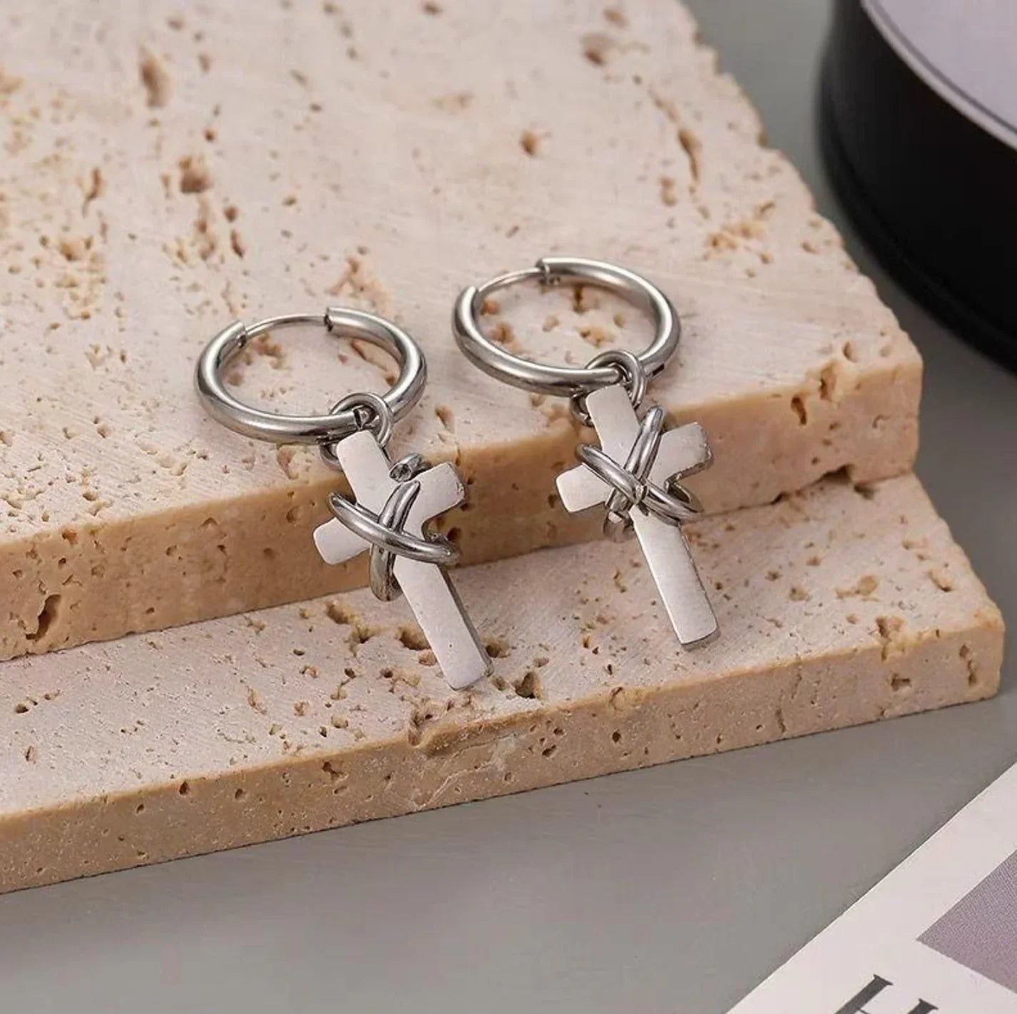 sengpan Punk Gothic Cross Dangle Drop Hoop Earrings for Men Women Trendy Hip Hop Stainless Steel Cross Earrings Party Jewelry Gift