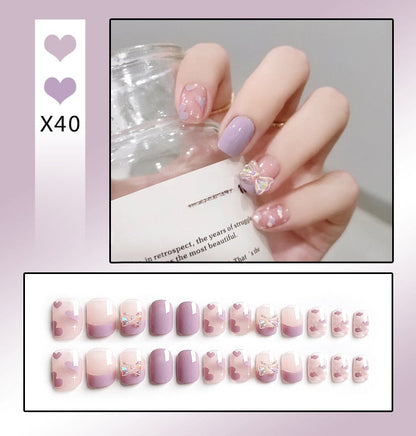 sengpan 24Pcs French With Drill Short Fake Nails Press On Nail Tips Artificial Full Cover Cute Bow Wearing False Nails Art Free Shipping