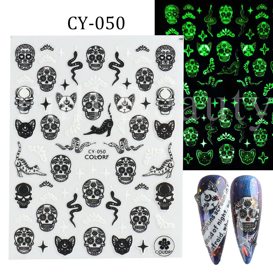 sengpan Cute Halloween Nail Design Sticker Pink Cartoon Skull Pumpkin Spooky 3D Punk Holiday Manicure Slider Nail Art Accessories BEF886