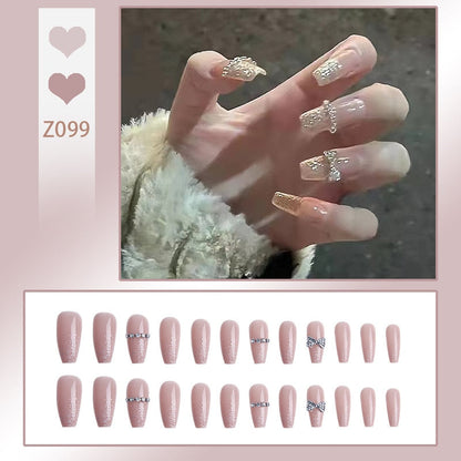 sengpan 24P Nail Art Fake Nails Japanese Ballerina Press on Nails Set Diamond Streamer Flash Fly Butterfly Seamless Removable False Nail