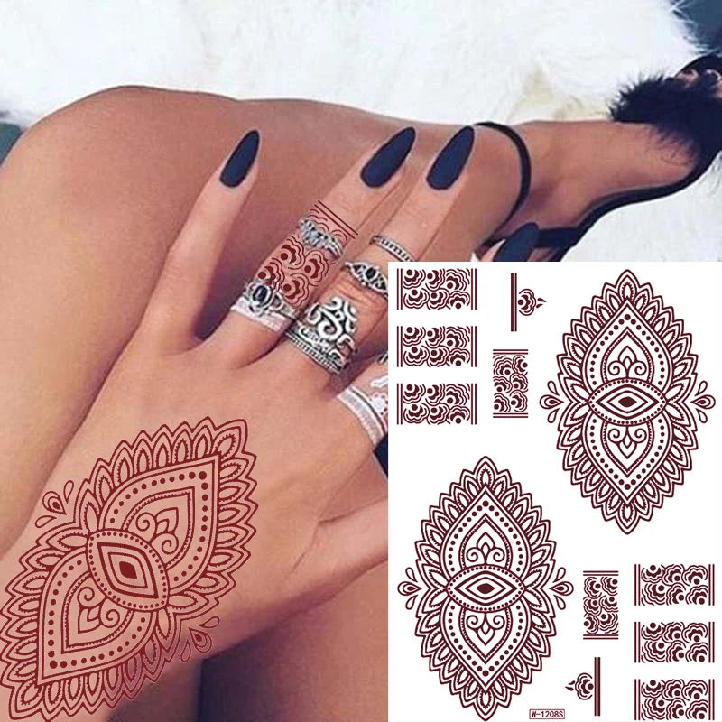 Lianfudai New Design Brown Henna Tattoos for Women Flower Mandala Mehndi Sticker for Hand Waterproof Tattoo Fake Hena Tatoo