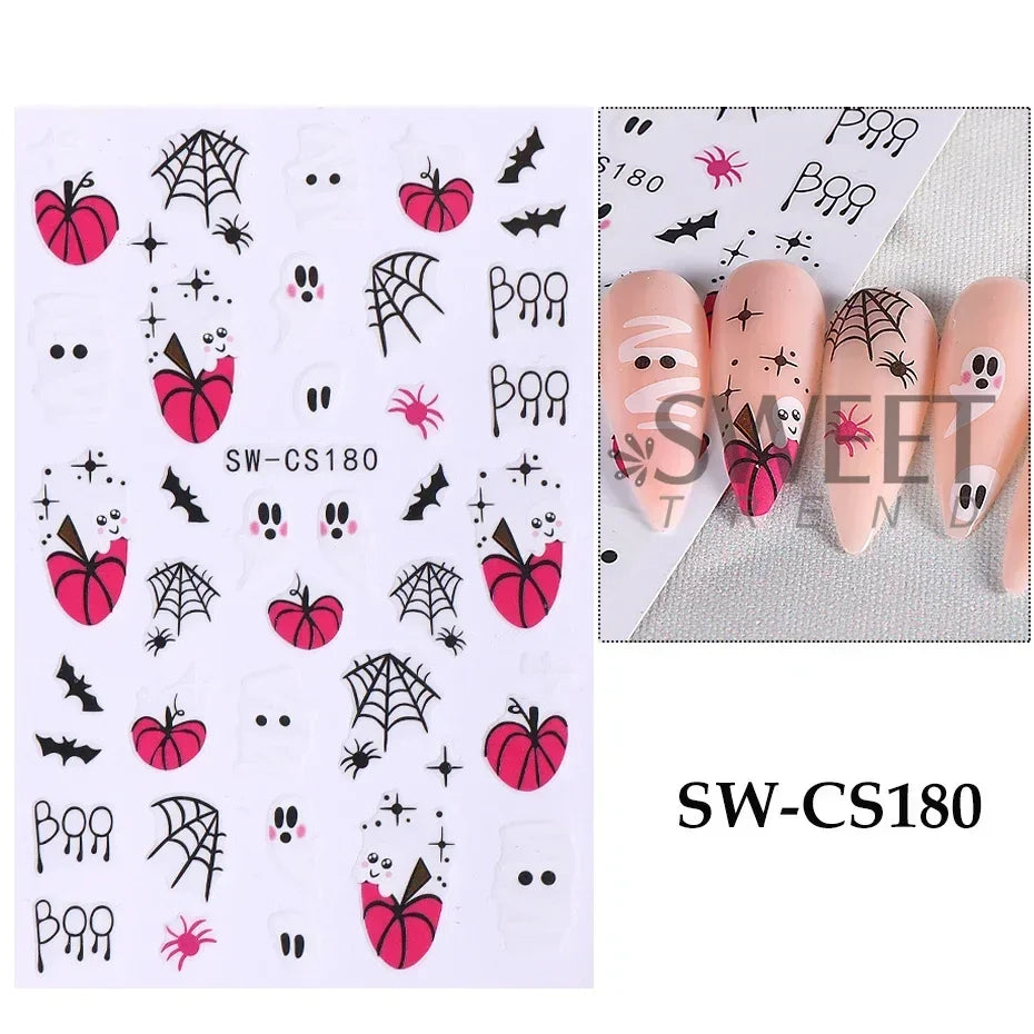 sengpan 3D Halloween Nail Stickers Cartoon Mummy Bandages Ghost Eyes Pumpkin Spider Web Blood Drops DIY Winter Matte Nail Art Decoration