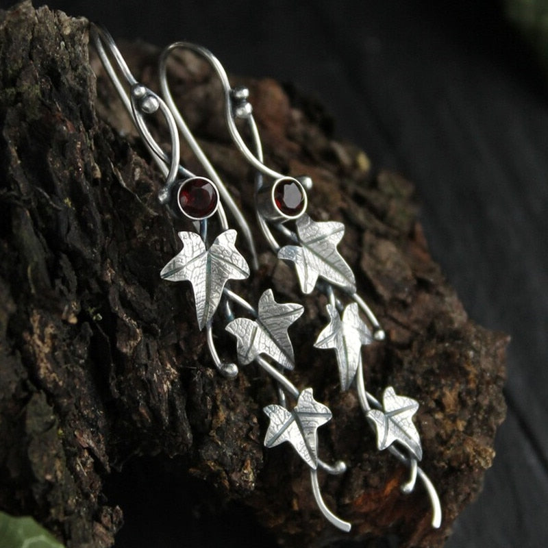 sengpan Silver color earrings Ivy Elven earrings Botanical jewelry Plant earrings Leaf design