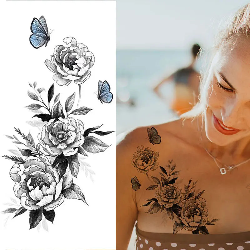 sengpan Waterproof Temporary Tattoo Stickers for Women Black Sexy Rose Butterfly Flowers Body Art Tattoo Arm Legs Sleeve Fake Tattoos