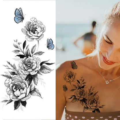 sengpan Waterproof Temporary Tattoo Stickers for Women Black Sexy Rose Butterfly Flowers Body Art Tattoo Arm Legs Sleeve Fake Tattoos