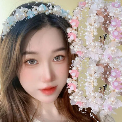 sengpan Pearl Butterfly Floral Headband Hair Hoop Sweet Cute Girl Headwear Accessories Simulated Flowers Wedding Bride Hairside Katyusha