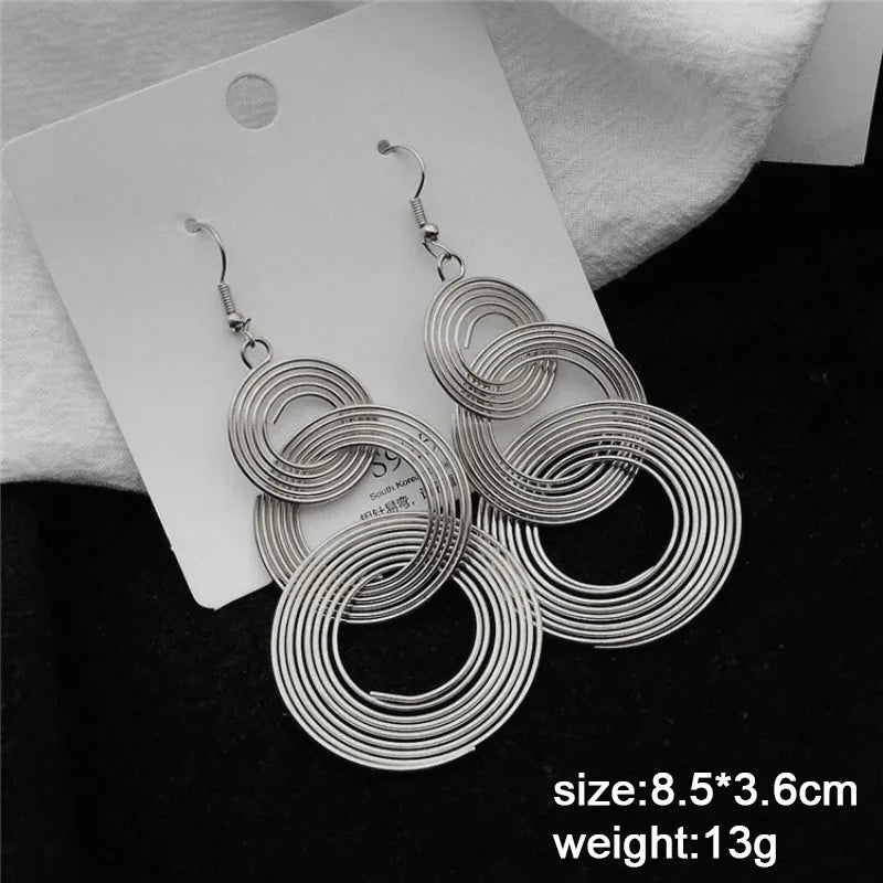 sengpan Punk Gold Colour Big Geometric 3 Circle Metal Long Dangle Earrings For Women Bohemian Party Exaggerated Fashion Jewelry