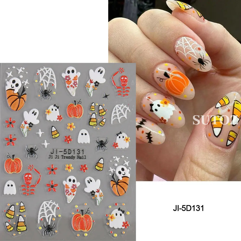 sengpan 5D Embossed Ghost Nail Art Stickers Halloween Cartoon Pumpkin Skull Nail Decals Spider Web Daisy Sliders For Manicure NTJI-5D131