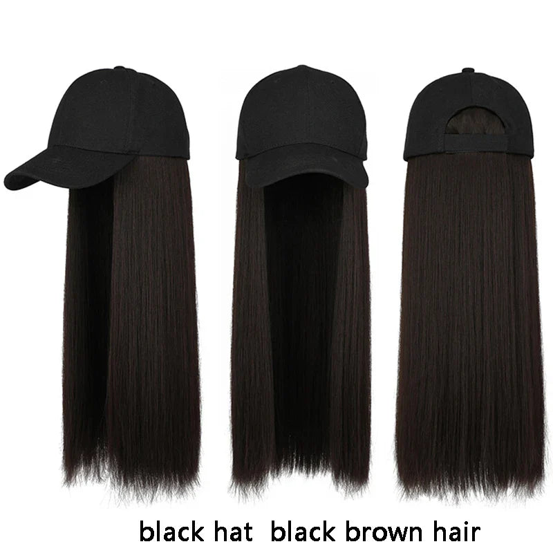 sengpan Y2K Wig Hats Women Fashion Long Wig Caps Casual Solid Color Cap with Wig 55cm Long Curly Hair Hat 40cm Straight Hair Visors