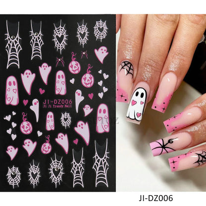 sengpan 5D Embossed Halloween Nail Stickers Skull Chams Spooky Flower Ghost Nail Decals Spider Web Skeleton Sliders for Manicure NTJI-5D