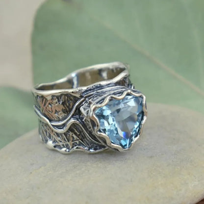 sengpan Unisex Silver-Plated Boho Ring with Vintage Flair - Cool Blue Gemstone Inlay, Perfect for Daily Wear