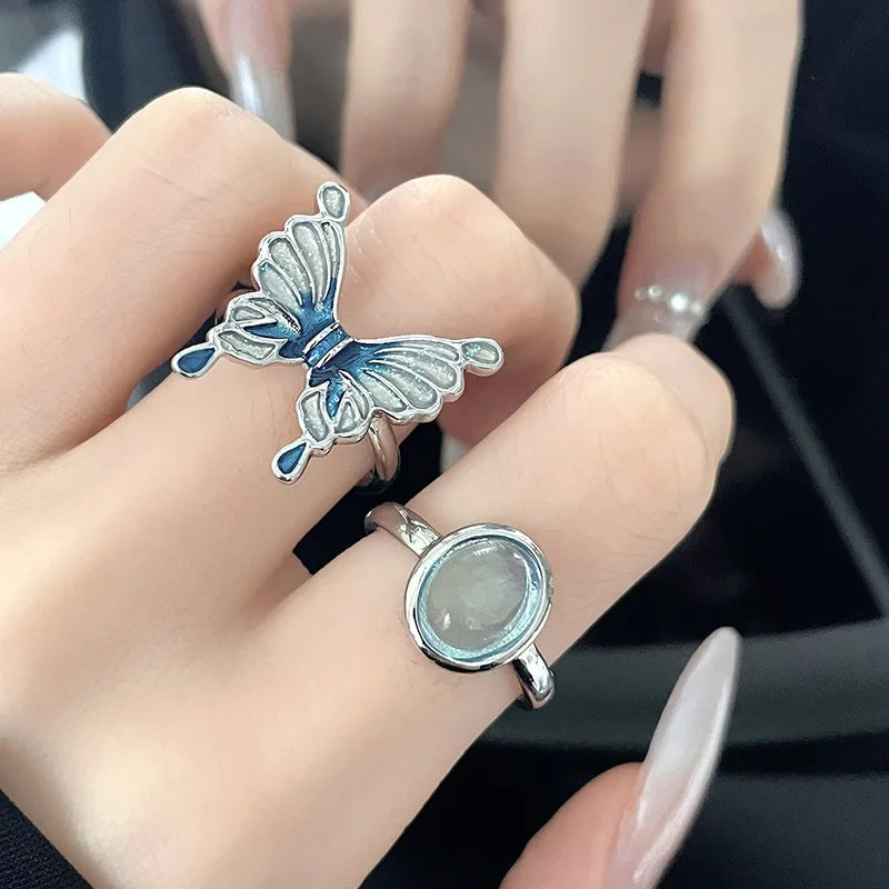 sengpan Korea Colorful Stone Oil Drip Rhinestone Trendy Geometry Rings For Women Heart Star Girls Y2k Jewelry Gifts