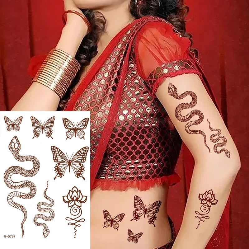 sengpan Brown Henna Temporary Tattoos for Women Henna Design Stickers for Hand Neck Body Art for Wedding Flora Hena Tattoo Waterproof