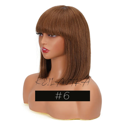 sengpan Straight Human Hair Bob Wigs with Bangs Remy Full Machine Made for Women Hightlight Burgundy Brown Colored BOB Wig