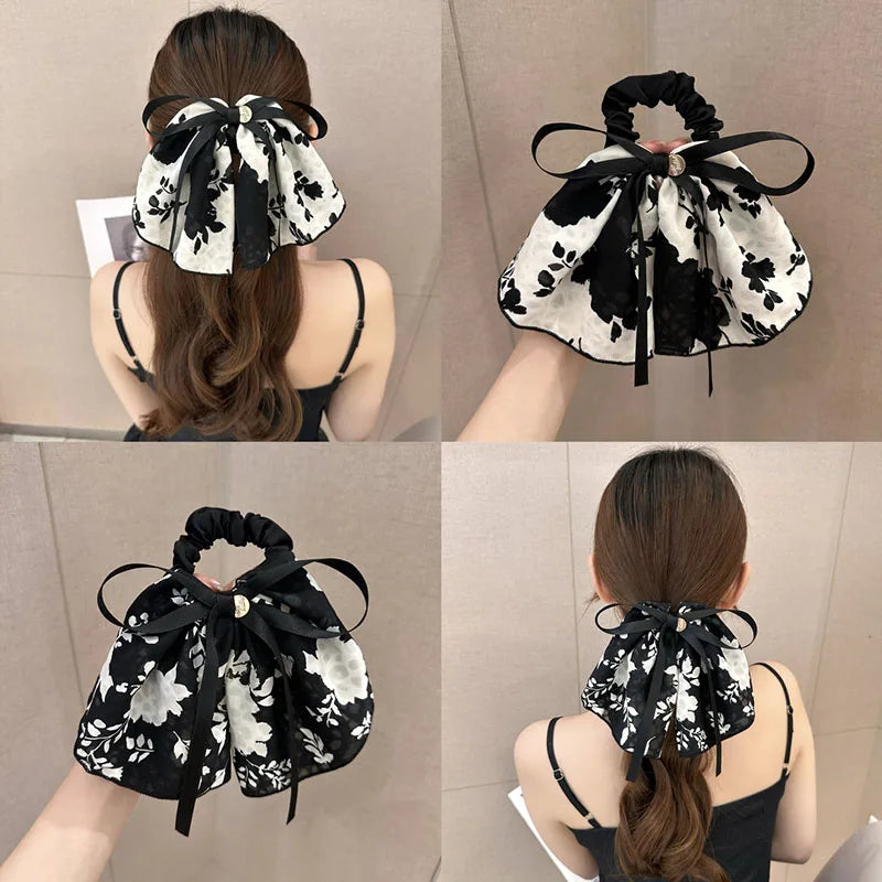 sengpan New Classy Women's Floating Ribbon Bow Ponytail Hair Ring Retro Ink Broken Flower Hairband Headband Girls Hair Accessories Gifts