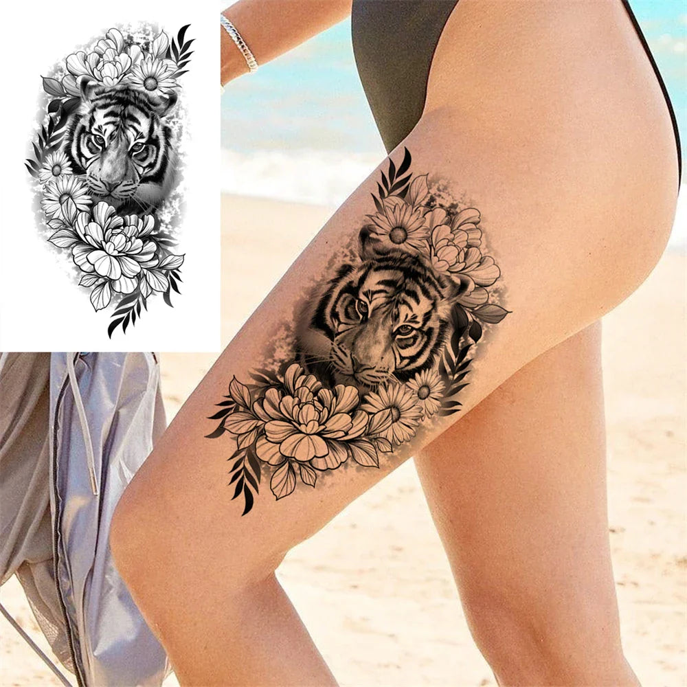 sengpan Death Skull Flower Temporary Tattoo For Women Girls Snake Bird Peony Tattoo Sticker Black Fake Blossom Sexy Tatoo Transfer Adult