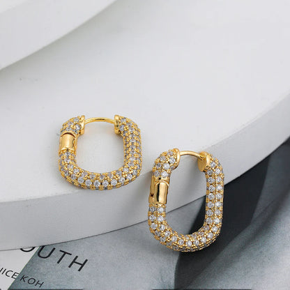 sengpan Luxury Cubic Zirconia U Shape Geometric Hoop Earrings for Women Gold Plated Circle Square Ear Buckle Huggie Hoops Jewelry