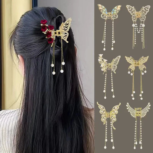 Lianfudai Exquisite Rhinestone Butterfly Fringe Hair Claw Clips Korean New Ponytail Braid Pearl Hairpin Girl Crab Metal Headdress Gift