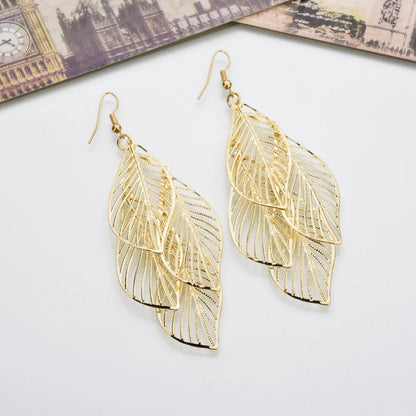 sengpan Dangle Earrings for Women Handmade Boho Super Lightweight Boho Hollow Filigree Long Leaf Earring Gold Silver Plated