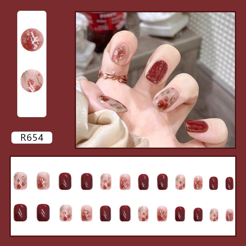 sengpan 24pcs Full Cover Wearable Press Fake Nails Art Free Gift Glue Sticker Tip Wearing Tools False Manicure Patch Paragraph