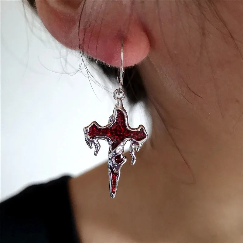 sengpan Gothic Punk Earrings Steampunk Black Cross Metal Red Rhinestone Ear Pendant For Women Girl Ear Drop