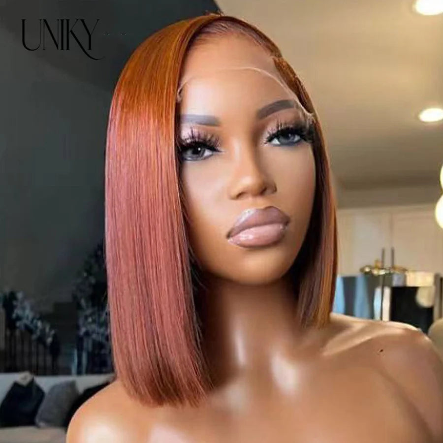 sengpan Dark Orange Silky Straight Bob Wig with Baby Hair Reddish Brown Brazilian Human Hair Dark Brown 13x4 Lace Front Wigs for Women