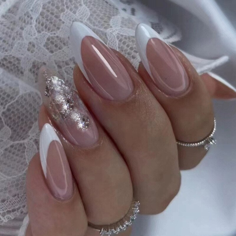 Lianfudai current nail trends 2023  24Pcs Glitter Pink Gradient French False Nails with Glue Long Almond Fake Nails Round Head Wearable Press on Nail Tips Manicure