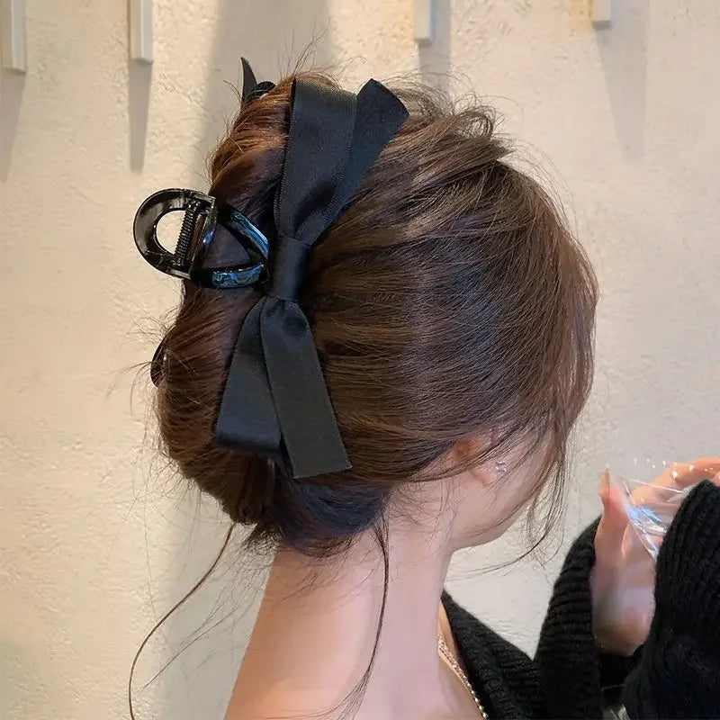 sengpan Black Bowknot Hair Claw Sweet Silk Ribbon Bow Hairpin Bang Clip Korean Girls Fashion Grab Clips Female Headwear Hair Accessories