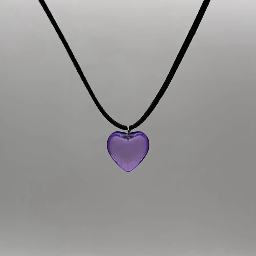 sengpan Solid Color Glass Heart Pendant Necklace Punk Grunge Style Velvet Choker for Girls