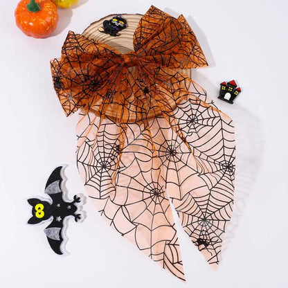 sengpan Fashion Halloween Spider Hair Clips Women Satin Large Bow Hairpin Bone Printing Long Tail Headwear Ladies Ponytail Clip Headwear