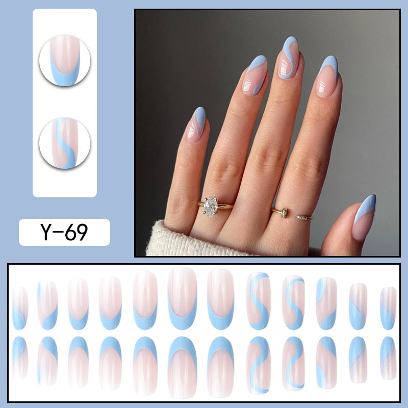 sengpan 24Pcs Long Round Head Press On Nail Art Seamless Removable Fake Nails With Glue Ballet Coffin Wearing Blue Reusable False Nails