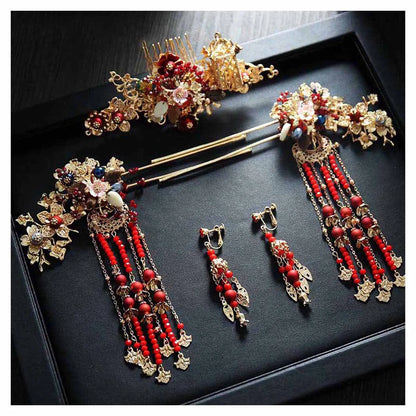 sengpan Chinese Long Hair Stick Tiara Headpiece Women Hair Accessories Headwear Flower Pearl Hair Pins Handmade Hanfu Hair Jewelry Set