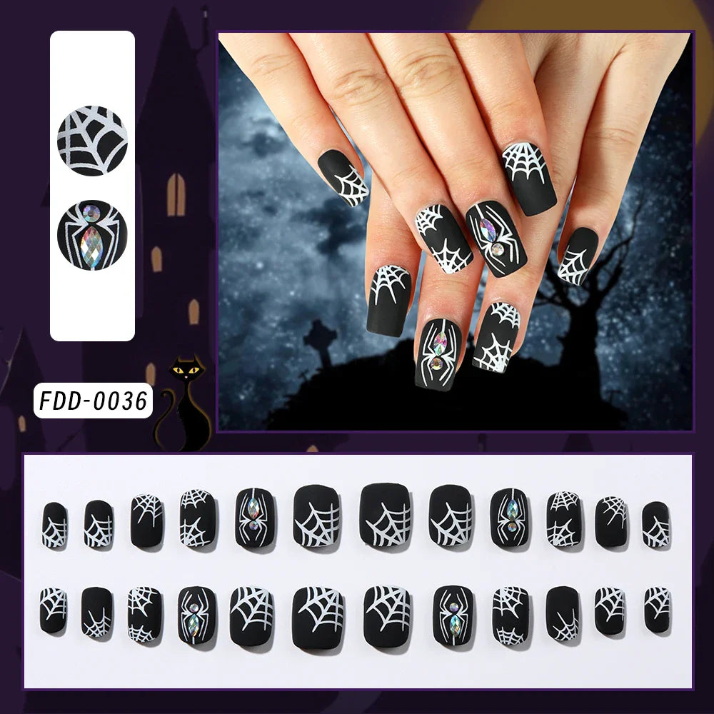 sengpan 24Pcs Halloween Little Ghost Press on Fake Nails Creative French Design Short Square False Nails Acrylic Nails Halloween Decorat