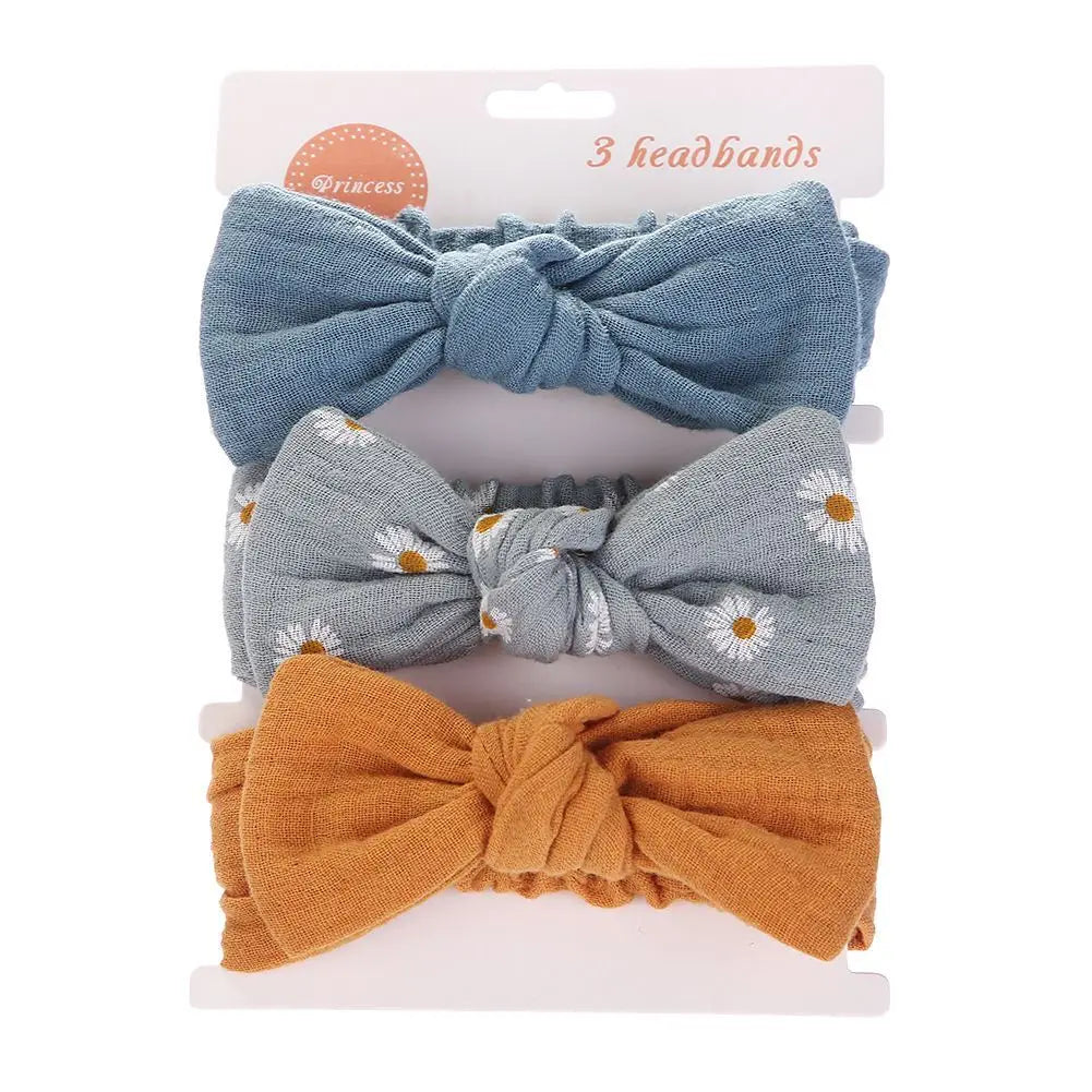 Lianfudai 3PC/lot Muslin Cotton Linen Baby Headband Newborn Knotted Hair Bow Turban Floral Print Headband Children Girls Hair Accessories