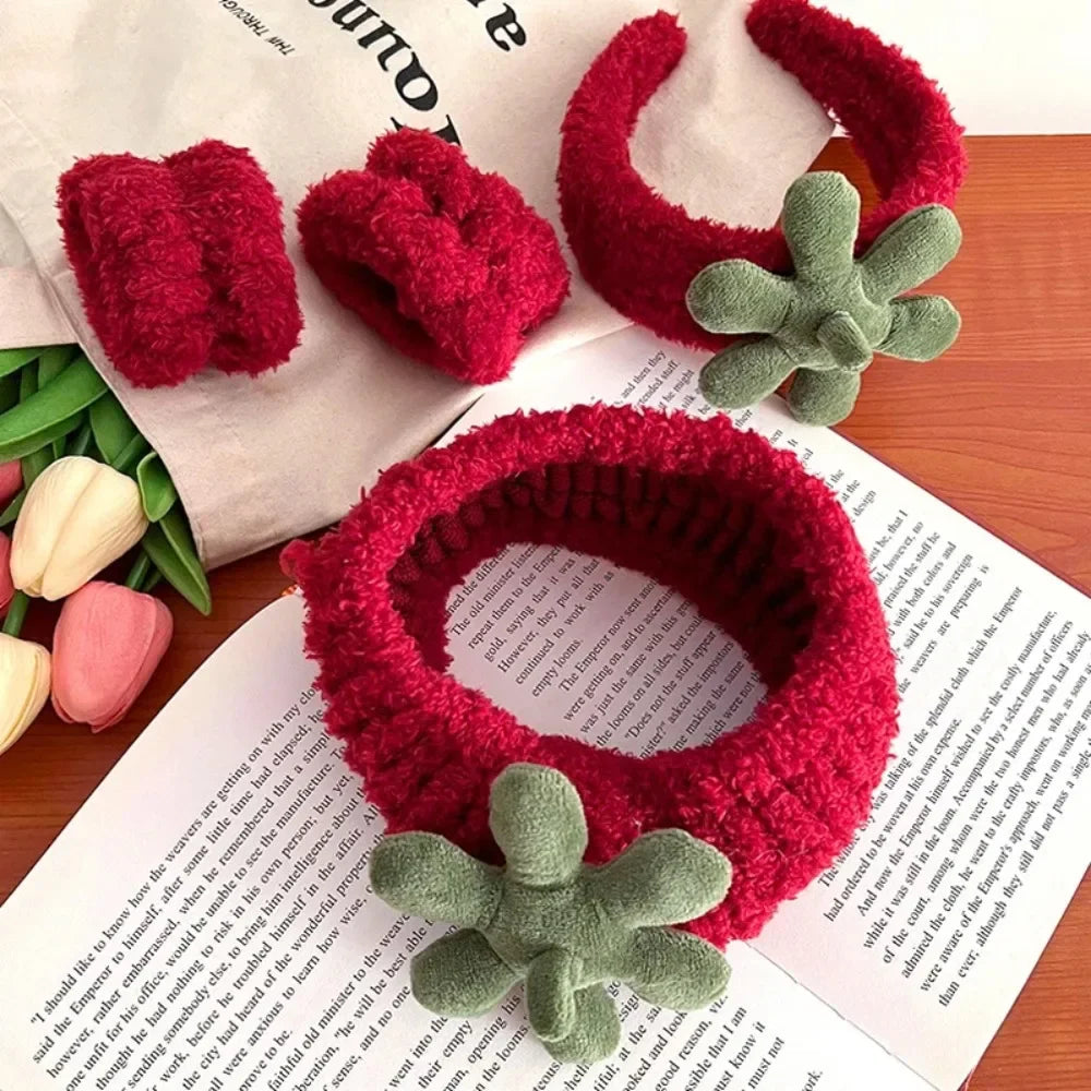 sengpan Red Fleece Hairbands Cute Strawberry Leaves Hair Hoops Wrist Strap Girls Lovely Headbands Christmas Ornament Hair Accessories