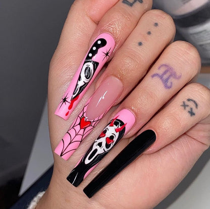 sengpan current nail trends 2023  24Pcs Halloween False Nails Long Ballet Fake Naile with Ghost Spider Web Design Coffin Press on Nails Wearable Manicure Tips