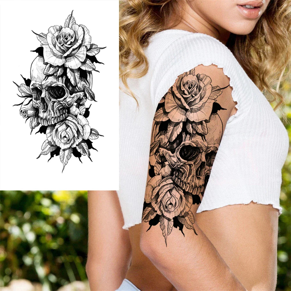 sengpan Death Skull Flower Temporary Tattoo For Women Girls Snake Bird Peony Tattoo Sticker Black Fake Blossom Sexy Tatoo Transfer Adult