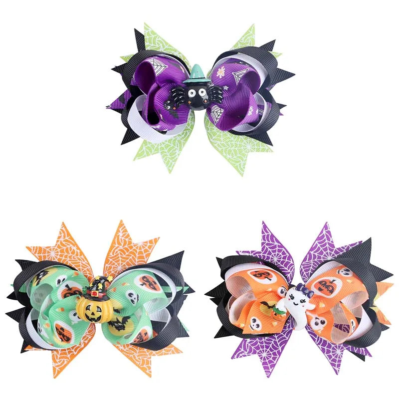 sengpan  Cute Ghost Pumpkin Ribbon Bow Hairpin for Girls Funny Spiderweb Print Bow Hair Clips Barrettes Halloween Hair Accessories