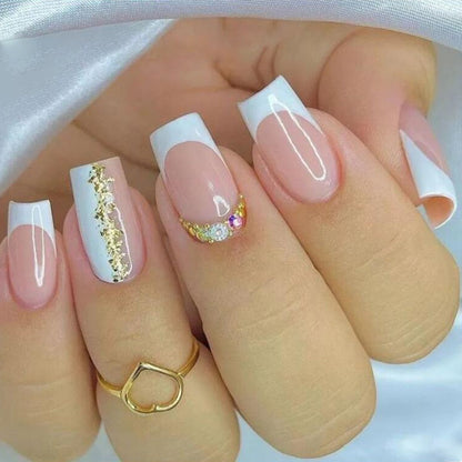 Lianfudai current nail trends 2023   24Pcs White French Fake Nails Full Cover Nail Tips Mid-length Square False Nails with Rhinestone Design Wearable Press on Nails