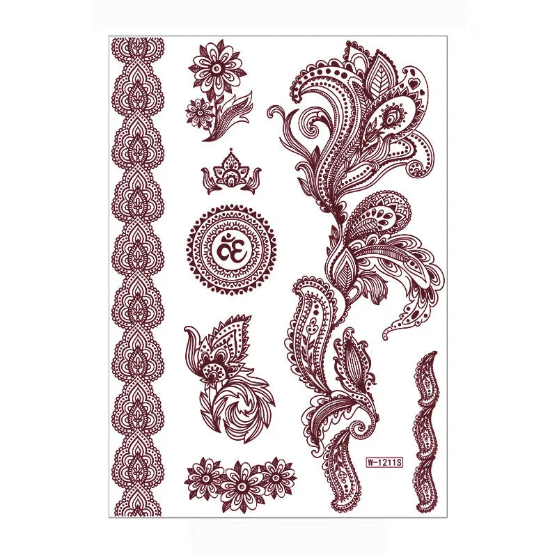 sengpan Brown Henna Lace Temporary Tattoos Sticker For Women Mehndi Stickers for Hand Neck Body Feather Flora Henna Tattoo Waterproof