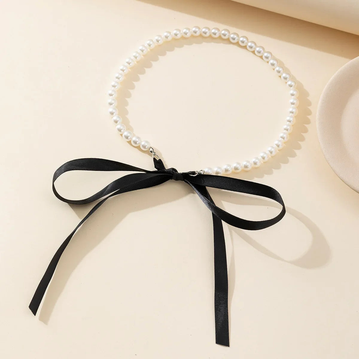 sengpan Korean Romantic Imitation Pearl Beaded Choker Fashion Black Velvet Adjustable Bow Necklace Banquet Wedding Jewelry