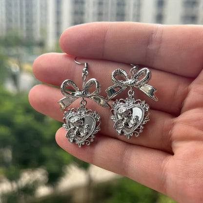 sengpan Silver Color Bowknot Baroque Cherub Cupid Heart Shaped Drop Earrings for Women Ribbon Bow Angels Dangle Earrings Valentines Gift