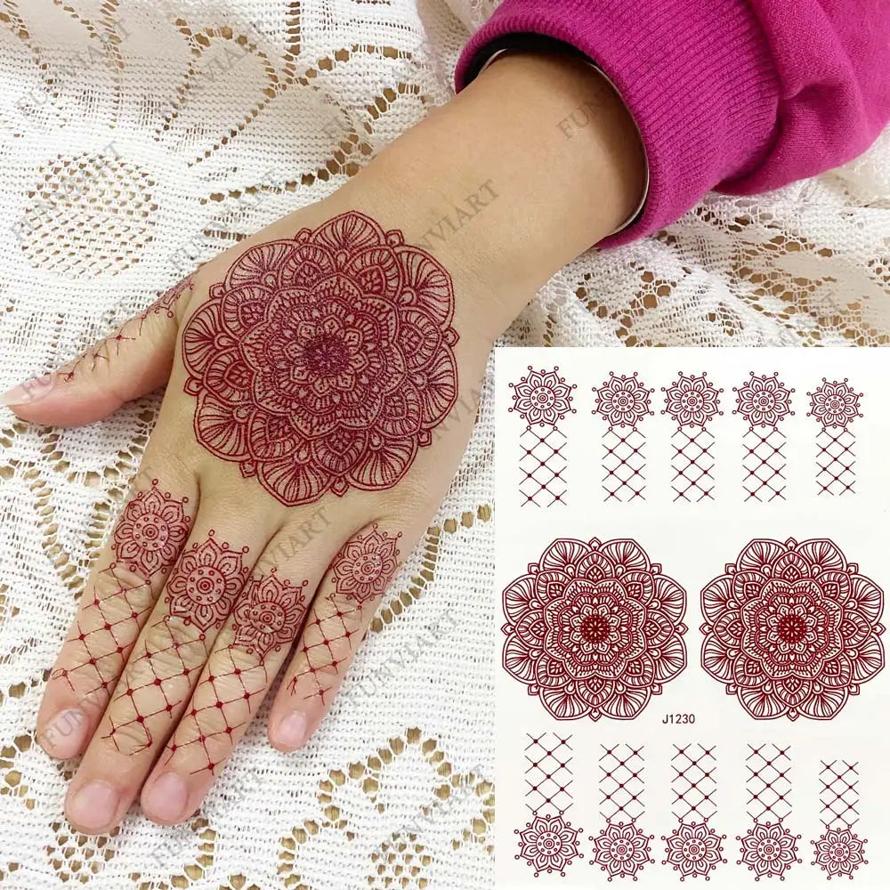 sengpan Brown Henna Tattoos Women Waterproof Temporary Henna Sticker for Hand Fake Tattoo Body Art Lace Mehndi Hena Tatoo