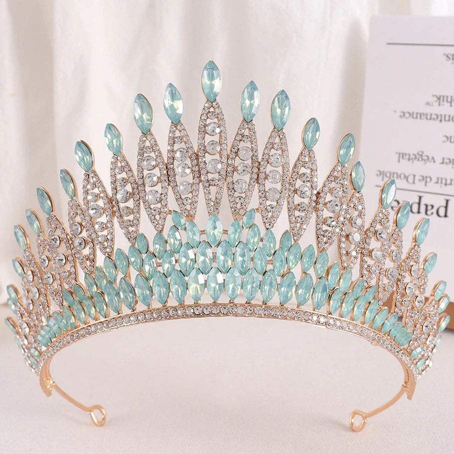 sengpan Luxury Green Opal Crystal Flower Water Drop Tiara Crown Women Wedding Party Elegant Bridal Bride Crown Hair Accessories