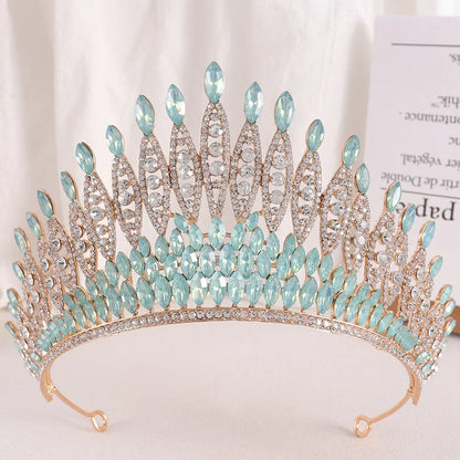 sengpan Luxury Green Opal Crystal Flower Water Drop Tiara Crown Women Wedding Party Elegant Bridal Bride Crown Hair Accessories