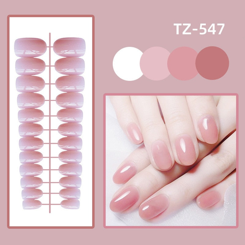 sengpan 24Pcs/Set Long Round Head Bright Solid Color Press On Acrylic Nail Art Fake Nails Finished Wearing Manicure Reusable False Nails