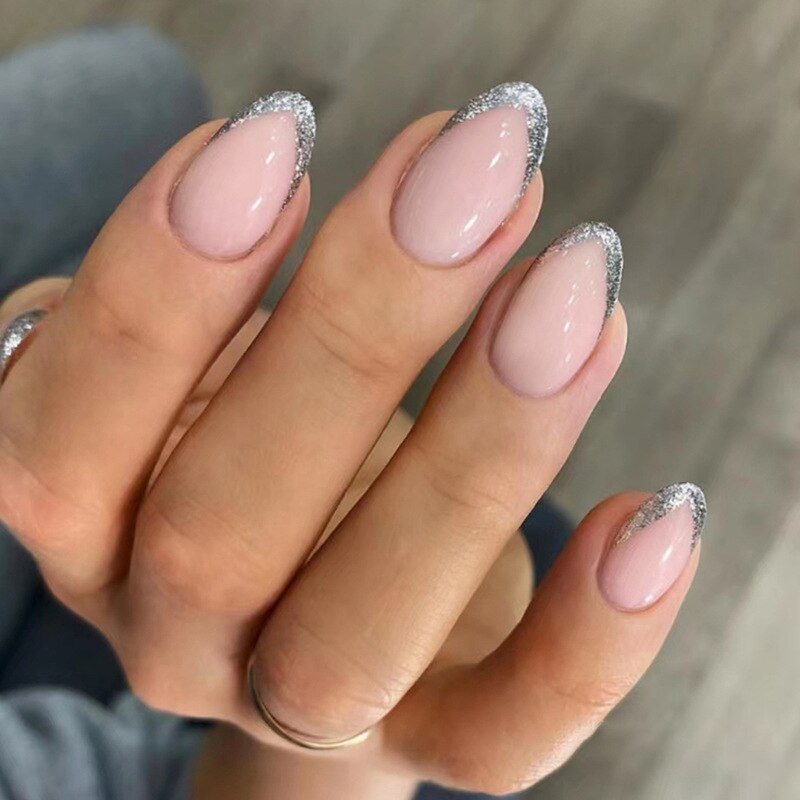 Lianfudai current nail trends 2023  24Pcs Glitter French Fake Nails Oval Shape Press on Nails Short White French Almond False Nails Wearable Full Cover Nail Tips