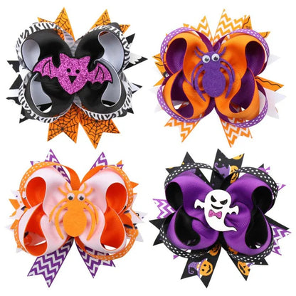 sengpan Multi-layer Swallow Tail Bow Hairpin Halloween Hair Clips for Girls Cute Pumpkin Spider Print Barrettes Hair Accessories