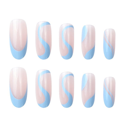 sengpan 24Pcs Long Round Head Press On Nail Art Seamless Removable Fake Nails With Glue Ballet Coffin Wearing Blue Reusable False Nails